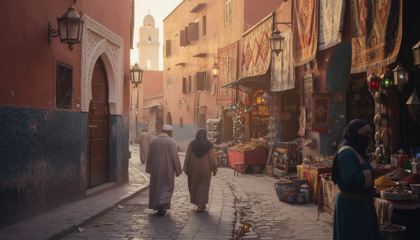 The image depicts female travelers walking through a vibrant Moroccan medina alley, surrounded by traditional architecture adorned with colorful tiles and intricate designs. Many women are dressed conservatively in long dresses and flowy pants, while others wear comfortable walking shoes, showcasing the local customs and dress code appropriate for a Muslim country.