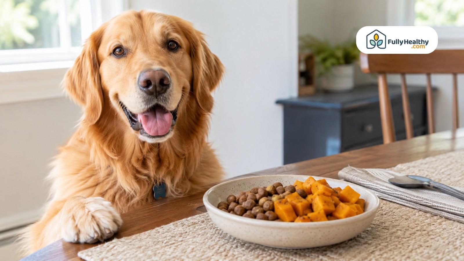 Golden retriever beside dog food bowl with squash and kibble