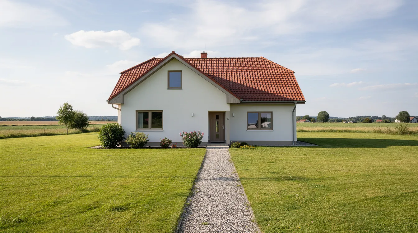 Une maison individuelle avec un jardin verdoyant se trouve en milieu rural, entourée d'un terrain herbeux. Cette image évoque un cadre paisible, idéal pour l'installation d'un système d'assainissement non collectif, tel qu'une fosse toutes eaux ou une micro station d'épuration.