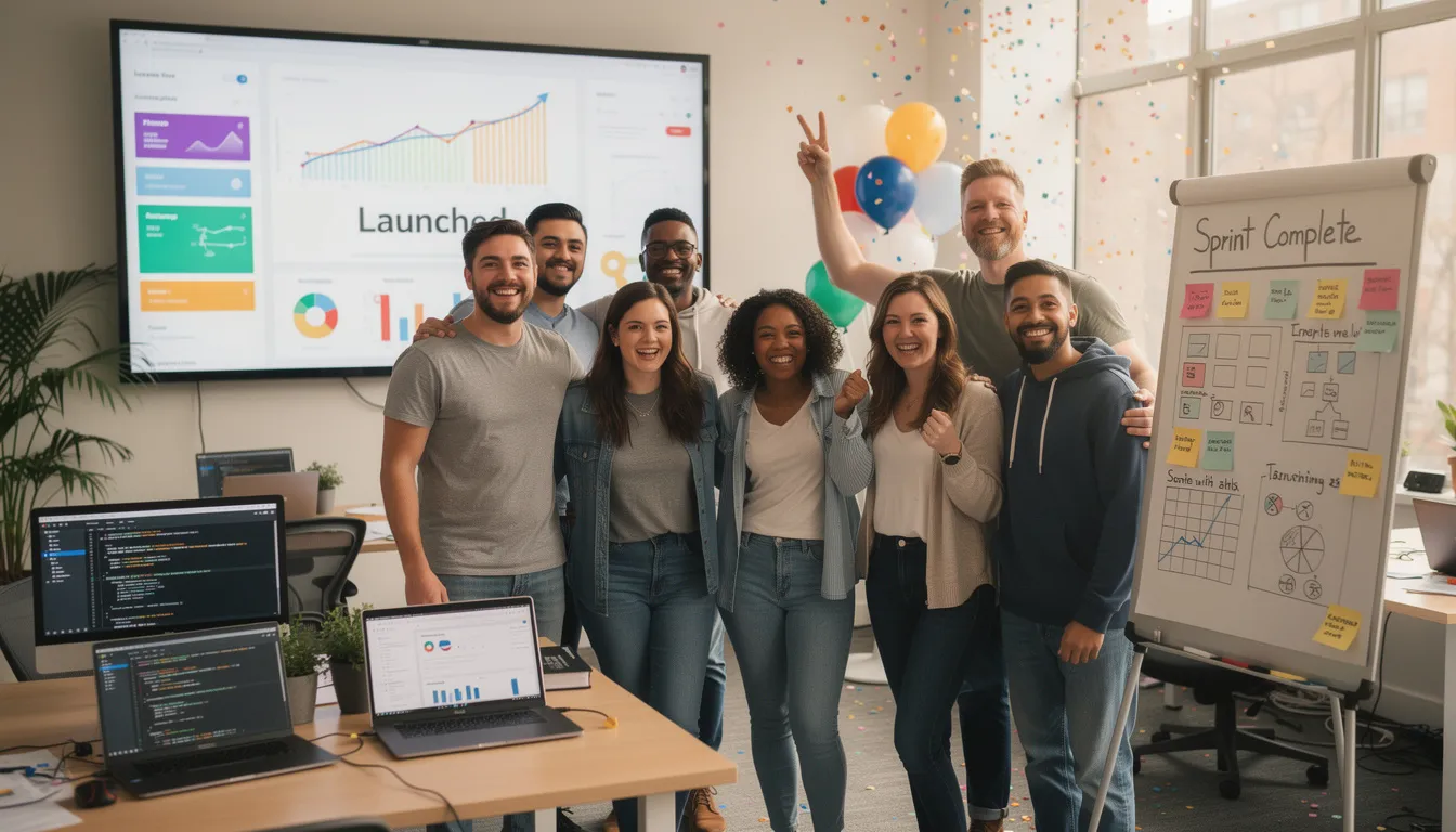 A joyful software product development team celebrates their success on a special day, showcasing a moment of creativity and collaboration between developers and clients. The diverse group, surrounded by colorful tools and project materials, embodies the spirit of moving forward and achieving their goals when developing mobile and web apps and marketing campaigns..