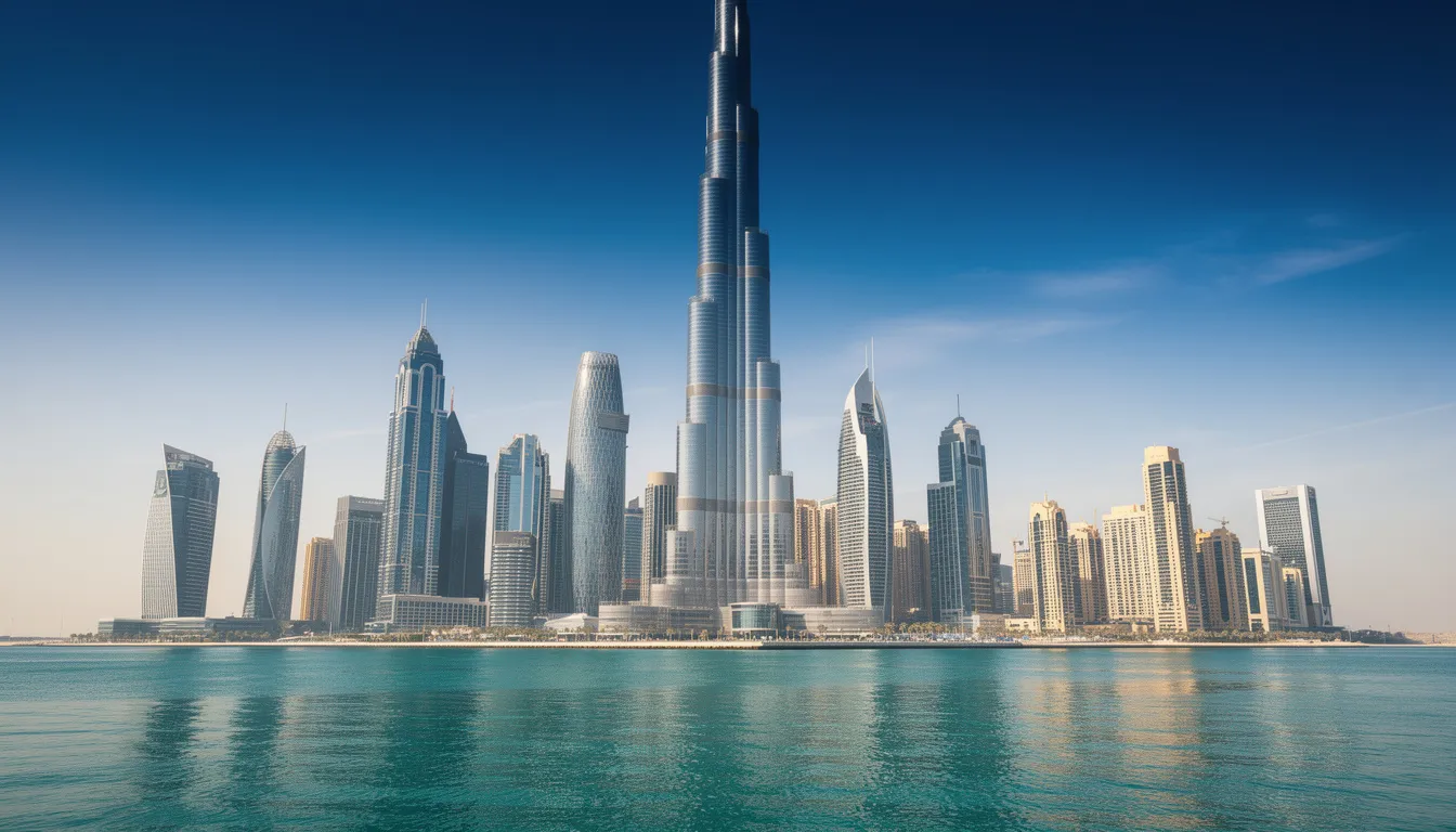 L'image montre la silhouette moderne de Dubaï, avec de grands bâtiments élancés s'élevant sous un ciel bleu éclatant. Cette scène évoque le dynamisme économique des Émirats Arabes Unis, un lieu prisé par les expatriés pour son régime fiscal attractif.