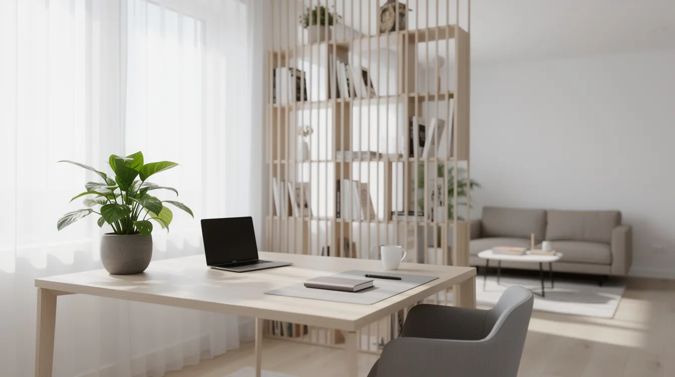 A clean home office features a desk positioned by a window, allowing natural light to illuminate the space, along with a plant enhancing the environment. The clear physical boundary between the workspace and living area promotes a healthy work-life balance, supporting both personal and professional relationships.