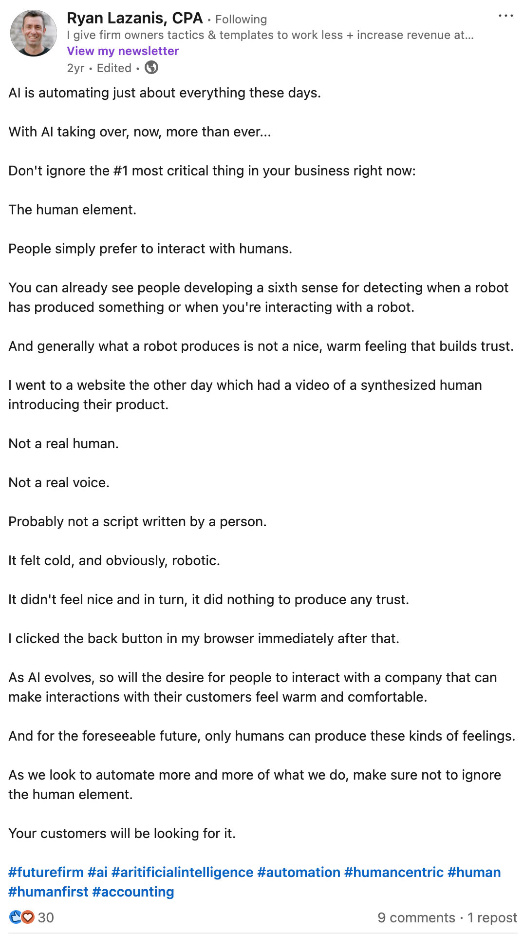 A LinkedIn post by Ryan Lazanis on the human element and automation.