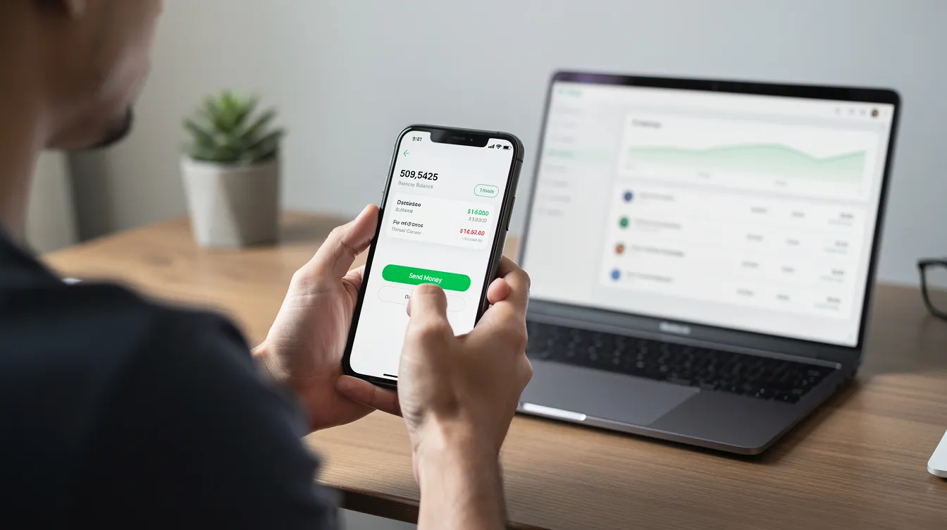 A person is seated at a desk, holding a smartphone to review a money transfer app, while a laptop is open in front of them. The scene suggests a focus on comparing different money transfer services for personal remittances or business payments, highlighting the importance of transfer speed and fees.