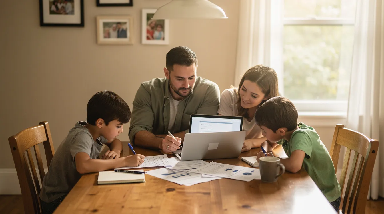 A family is gathered around a dining room table, reviewing paperwork together with a laptop open, possibly discussing topics related to wage garnishment laws and the implications of unpaid judgments. The scene conveys a sense of collaboration as they navigate the complexities of debt collection and legal processes.