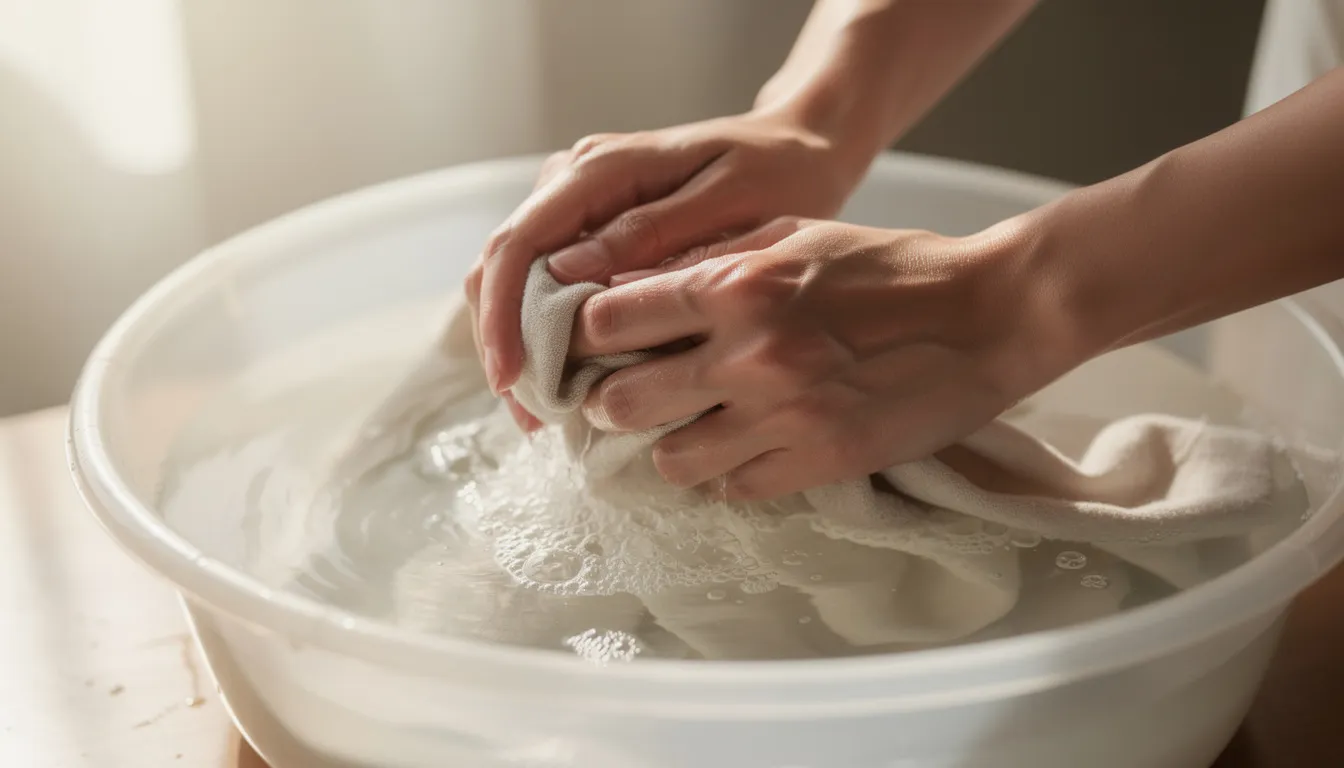 A woman's hands are gently washing a piece of fabric in a basin of water, highlighting the care and attention to sustainable practices in the fashion industry. This scene emphasizes the use of eco-friendly materials, such as organic cotton, in the production of sustainable clothing.