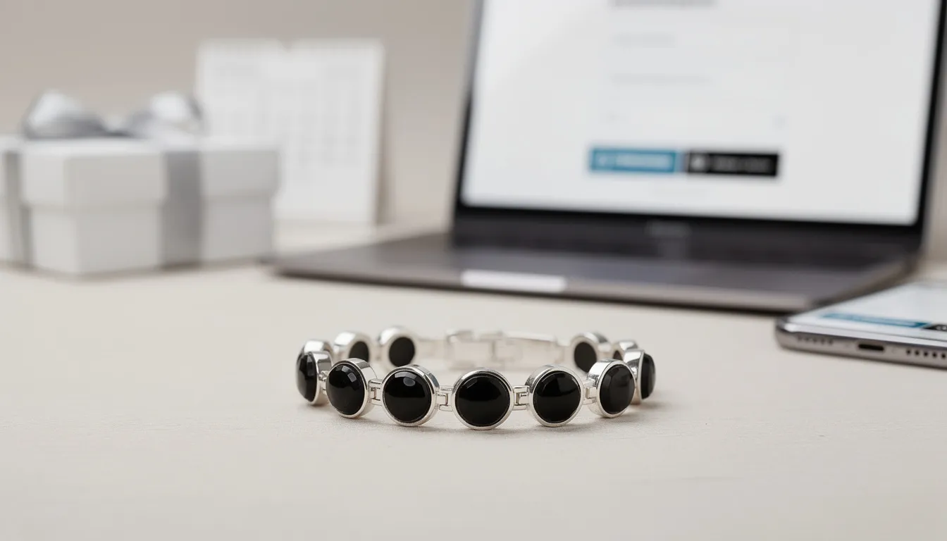 The image features a stylish silver onyx bracelet adorned with black onyx beads, showcasing its elegant design suitable for various occasions. This piece is presented in a simple and sophisticated manner, emphasizing its potential as a thoughtful gift for special moments like birthdays and anniversaries.