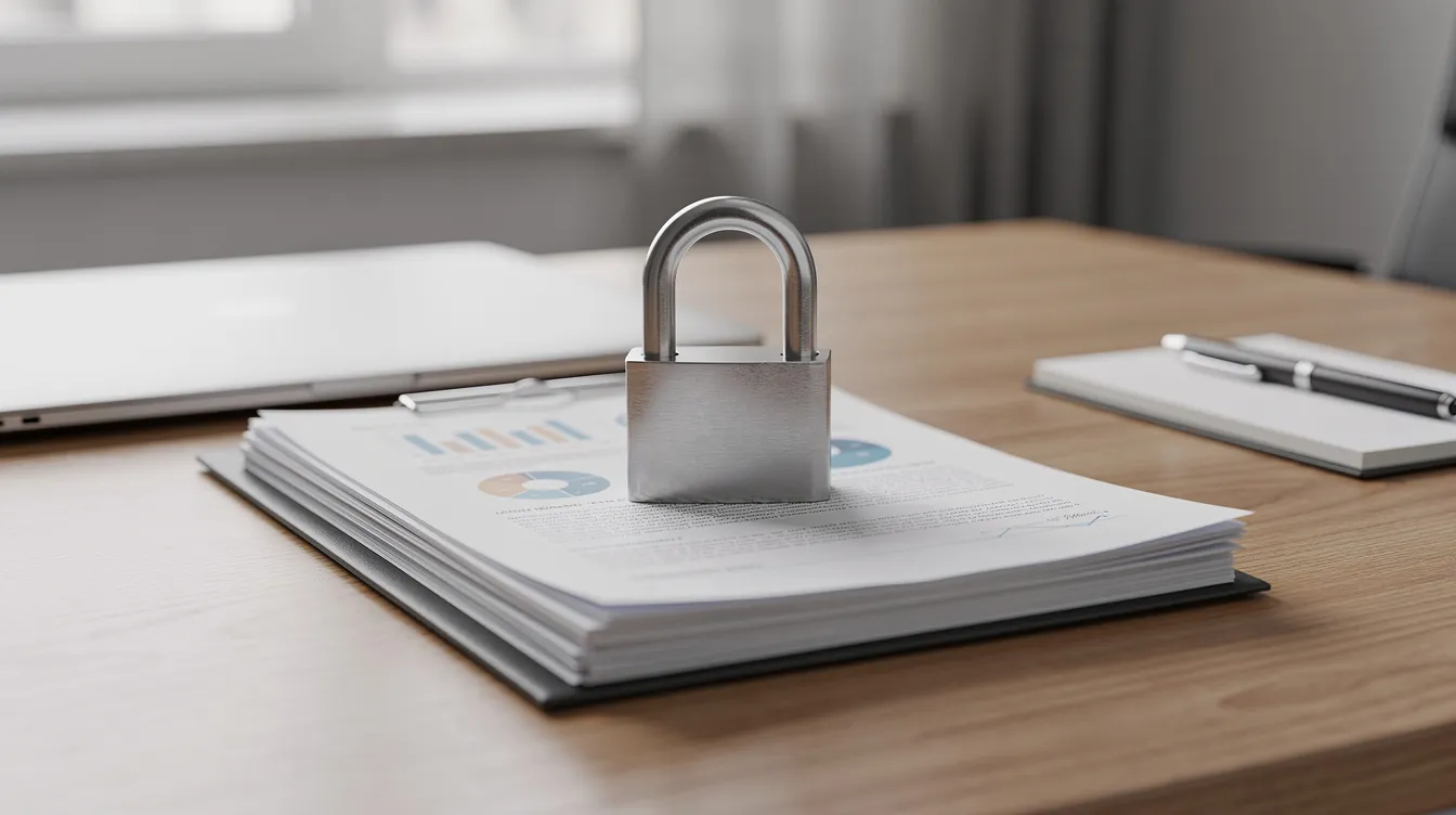 The image depicts a professional office desk featuring a padlock resting on top of a folder filled with documents, symbolizing the importance of securing sensitive information related to financial institutions and business loans. This setup suggests a focus on safeguarding vital records necessary for processes like the Pradhan Mantri Mudra Yojana and other financial assistance applications.