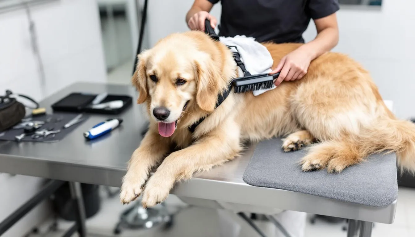 A dog is being groomed on a table using specialized brushes and tools, with its fur being carefully attended to in order to maintain healthy skin. The grooming process can help identify potential skin problems, such as inflamed skin or hair loss, which may require further treatment options.