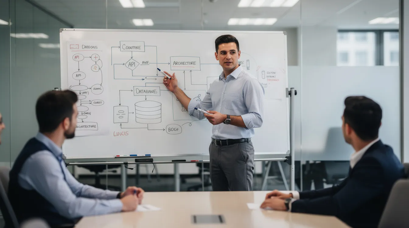 A confident individual is presenting technical concepts related to retrieval augmented generation at a whiteboard during an interview setting, illustrating key ideas such as retrieval quality and relevant chunk retrieval. The atmosphere is professional, with an emphasis on data science and the use of language models to enhance understanding of complex topics.