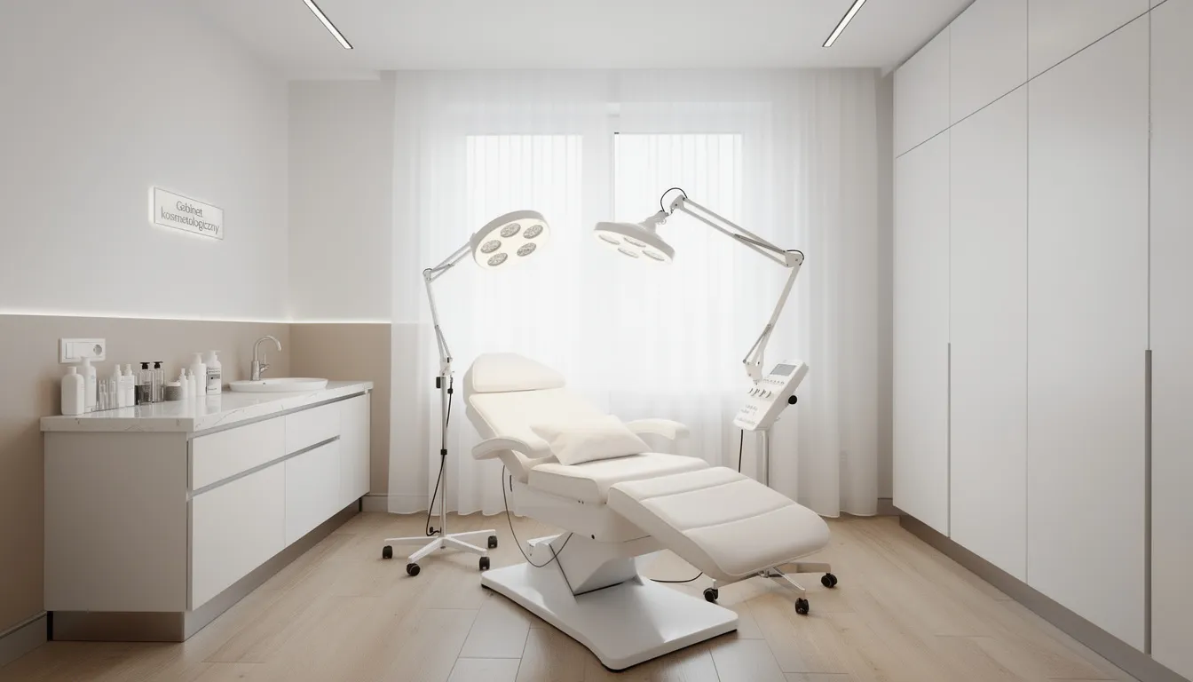 Nowoczesne wnętrze gabinetu kosmetologicznego, w którym znajduje się wygodny fotel zabiegowy oraz profesjonalne oświetlenie, sprzyja relaksowi pacjentów. Wnętrze to jest idealnym miejscem do przeprowadzania zabiegów takich jak mezoterapia igłowa, które mają na celu odżywienie skóry i poprawę jej kondycji.