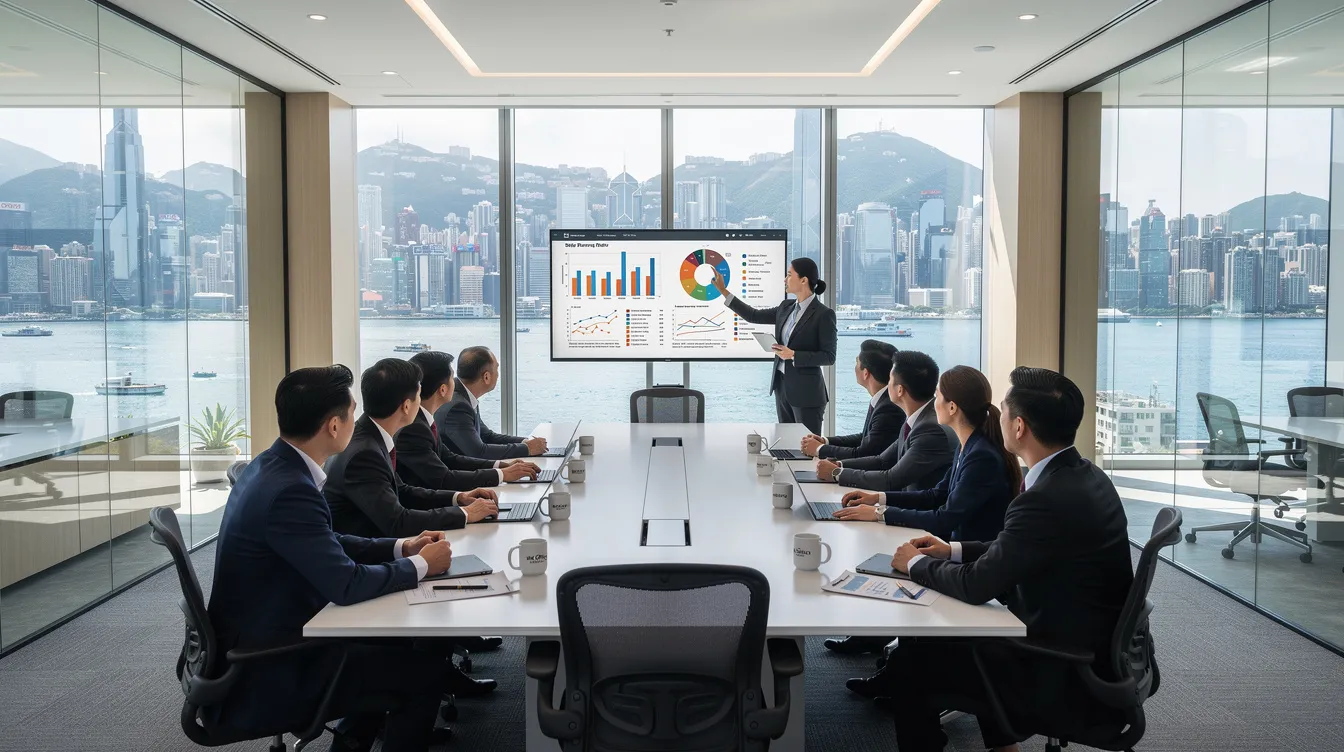 The image depicts a professional meeting taking place in a sleek, modern boardroom in Hong Kong, with a diverse group of individuals engaged in discussion around a large table, showcasing a collaborative environment for 中小企業. The room features large windows offering a view of the city skyline, enhancing the contemporary atmosphere.
