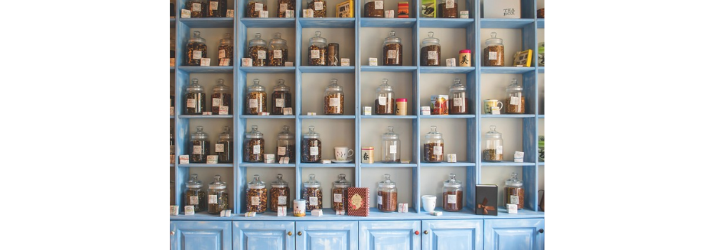 jars, herbs, shelves