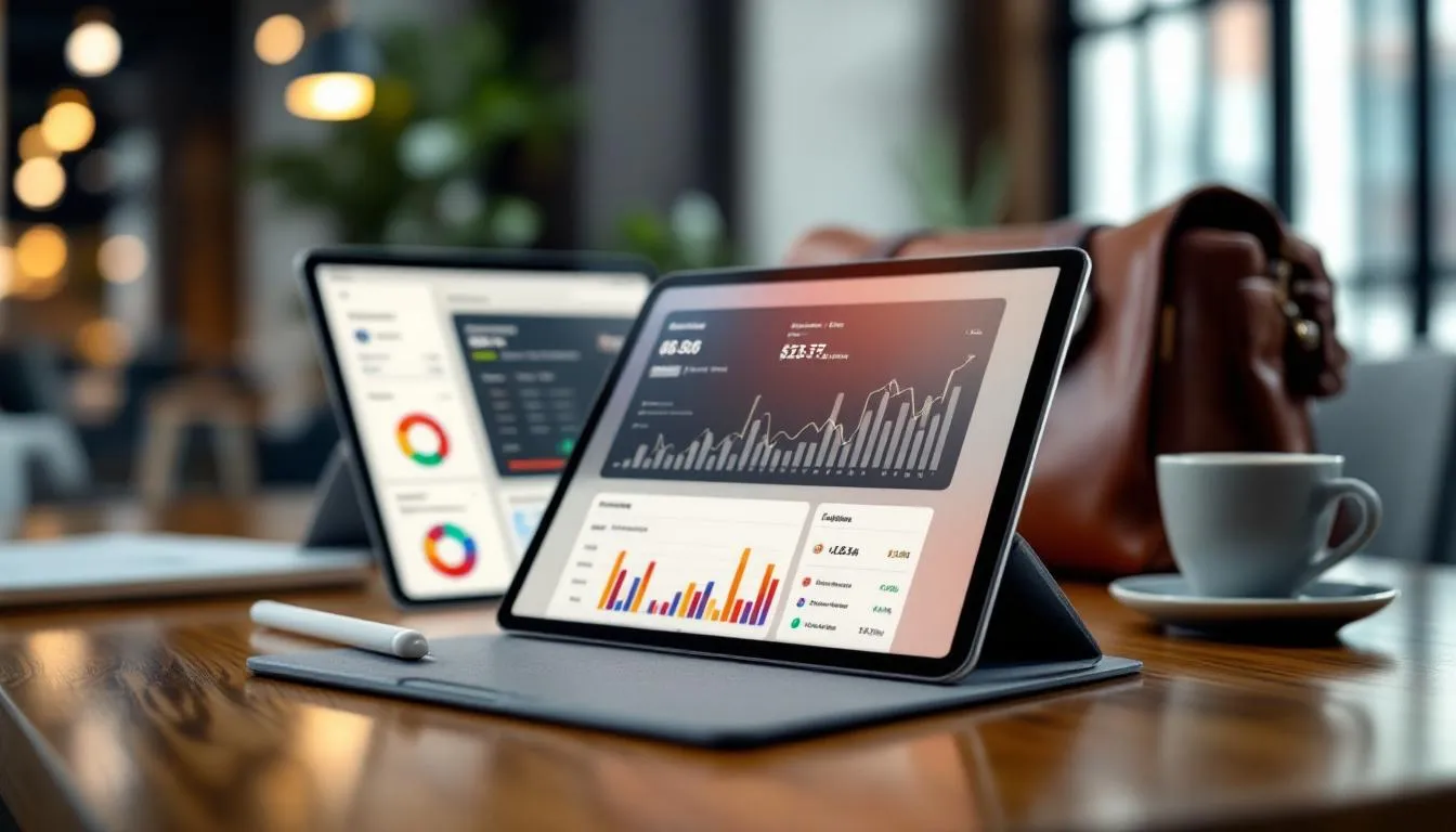 Des applications financi&egrave;res sur un iPad montrant des encaissements et des d&eacute;penses.