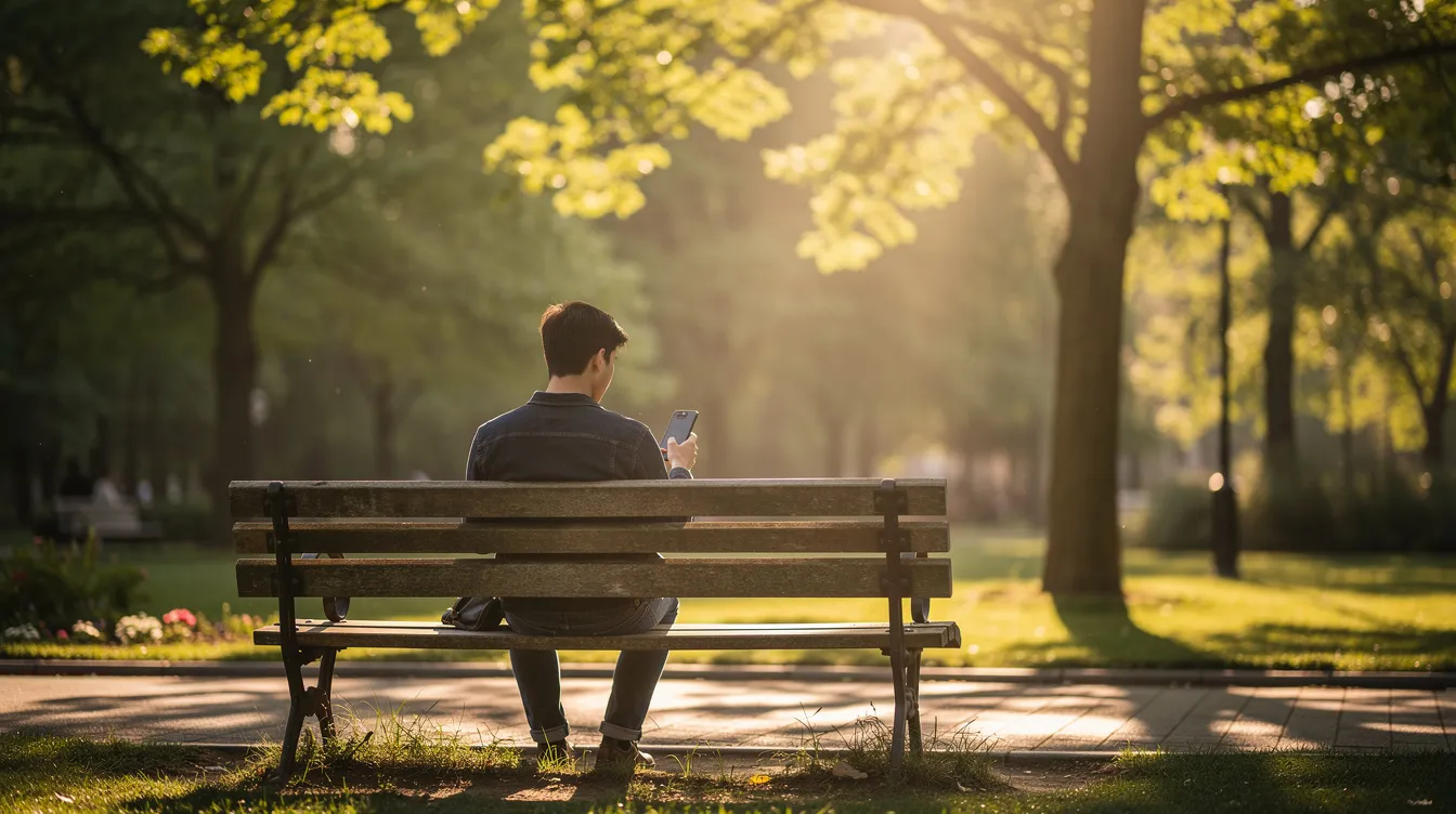 A person is sitting on a park bench, using a smartphone to manage their finances, surrounded by trees and sunlight. The scene captures a moment of expense tracking, highlighting the ease of using budgeting apps to save money and track spending patterns in a serene outdoor setting.