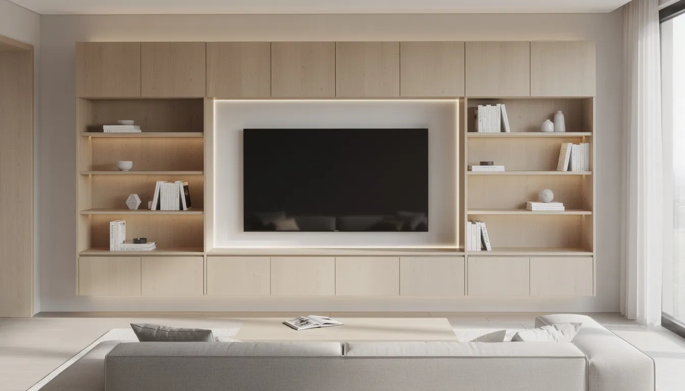 Een moderne woonkamer met een lichte eiken tv wand die een grote flatscreen televisie ondersteunt, omringd door subtiele ledverlichting langs de randen. Dit stijlvolle tv meubel zorgt voor een harmonieuze uitstraling en voegt extra sfeer toe aan de ruimte.