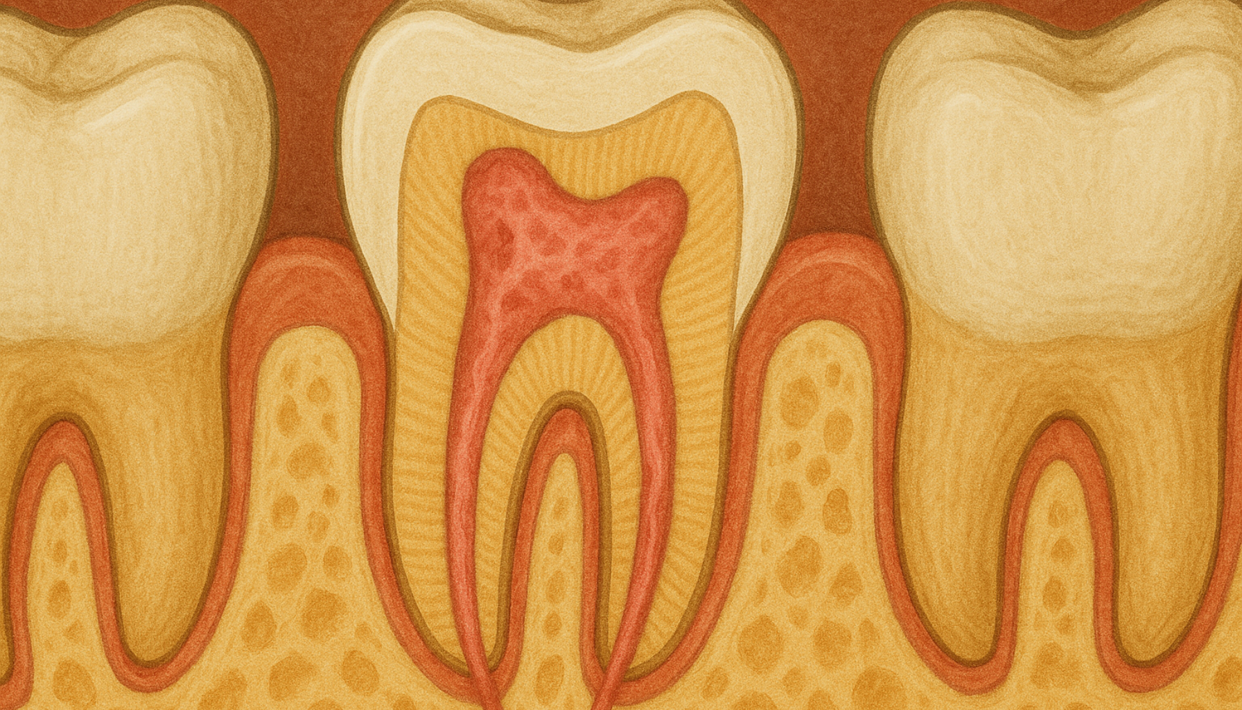 Tverrsnitt av tann med tydelig resorpsjon i roten, omgitt av friske tenner og detaljert visning av bein og tannkjøtt.