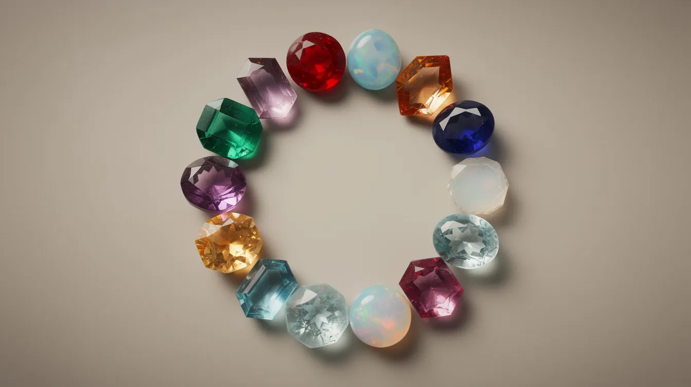 A vibrant collection of twelve colorful gemstones is artistically arranged in a circle against a neutral background, showcasing the timeless beauty of modern birthstones. Each gemstone, including the deep blue sapphire, rich green emerald, and warm yellow citrine, represents a different month, reflecting their unique meanings and cherished qualities.