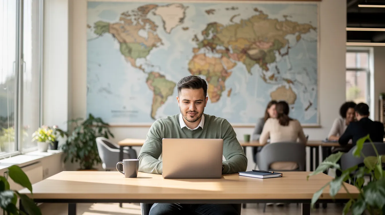 A freelancer is focused on their laptop in a bright, open coworking space, with a large world map displayed on the wall behind them. This modern environment reflects a dynamic workspace where individuals can collaborate and work on various projects, potentially including those related to crypto payments and digital assets.