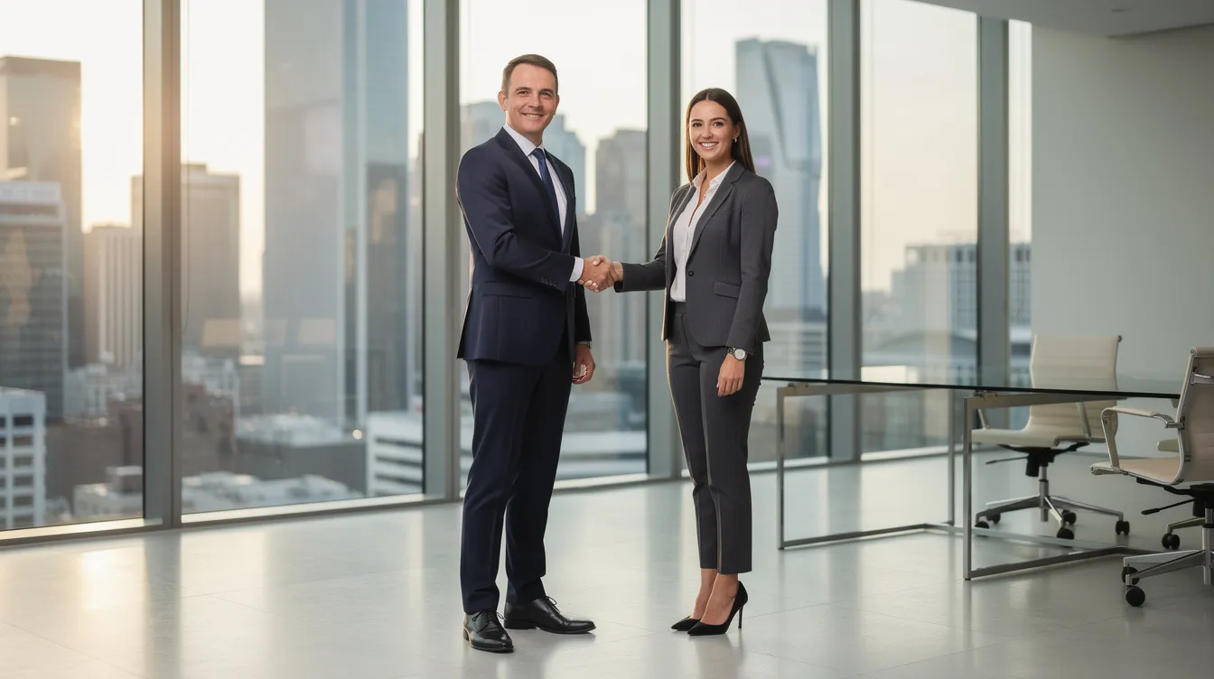 The image shows two business professionals shaking hands in a modern office, with large glass windows that provide a view of the city skyline. This setting symbolizes successful collaboration, ideal for discussions about 中小企 融資 擔保 and various貸款 申請 options.