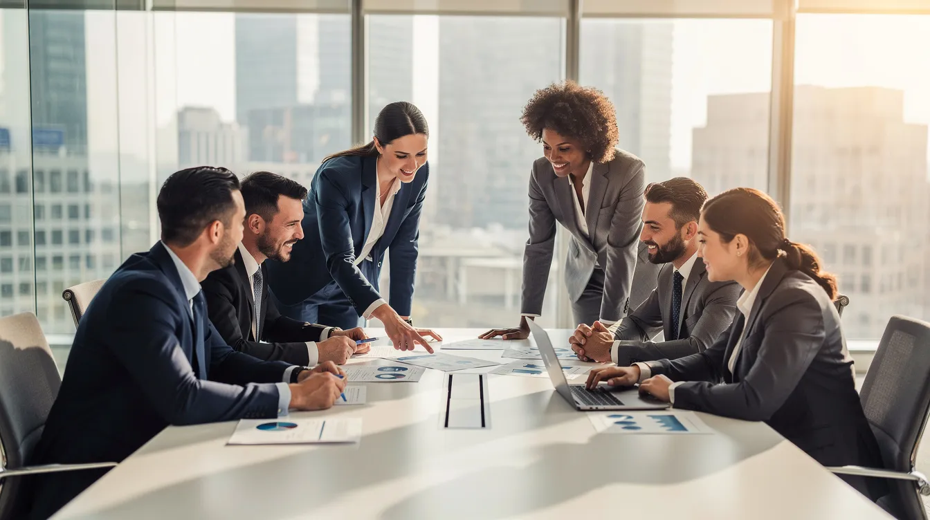 A professional team of tax professionals is collaborating in a corporate office, discussing strategies for tax compliance and efficient tax preparation for their clients. The advisors are focused on providing corporate tax services and identifying tax savings opportunities to support businesses in meeting their financial goals.