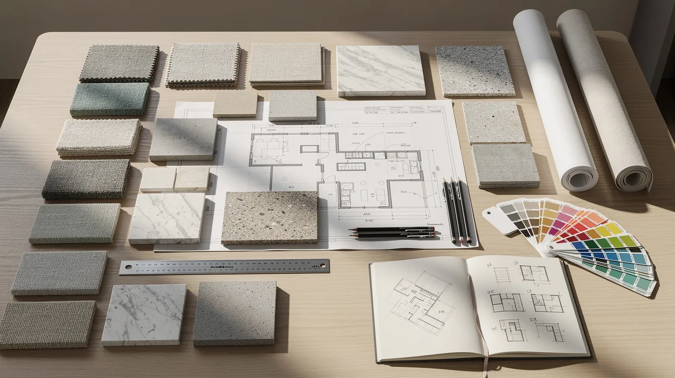 The image depicts a designer's workspace, cluttered with vibrant fabric swatches, textured stone samples, and detailed architectural drawings spread across a table, showcasing the creative process involved in an interior design project. This organized chaos reflects the expertise and inspiration that interior designers utilize to craft beautiful spaces for their clients.