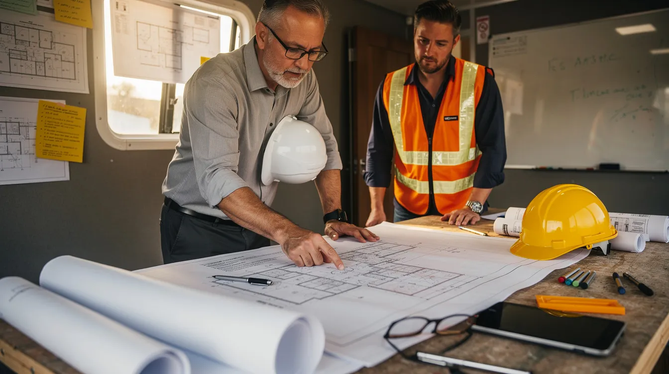 The image shows a close-up of an architect and a project manager intently reviewing blueprints together inside a construction trailer, emphasizing collaboration in the construction industry. Their focused expressions suggest a commitment to effective project management and strategic planning for successful construction projects.
