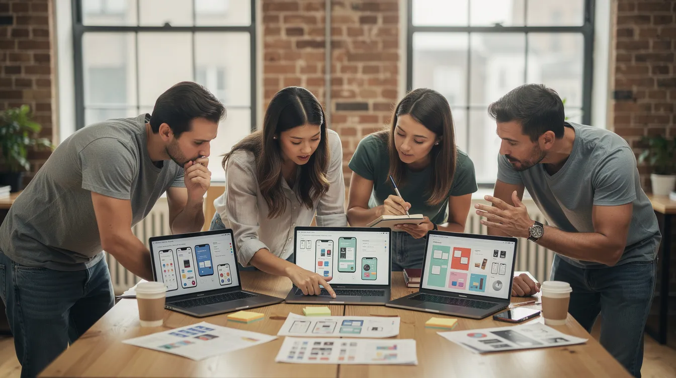 A diverse startup team is gathered around a table, each member intently reviewing product designs displayed on their laptops. The atmosphere is collaborative, reflecting the entrepreneurial spirit as they discuss strategies for protecting intellectual property and navigating corporate governance for their emerging growth company.