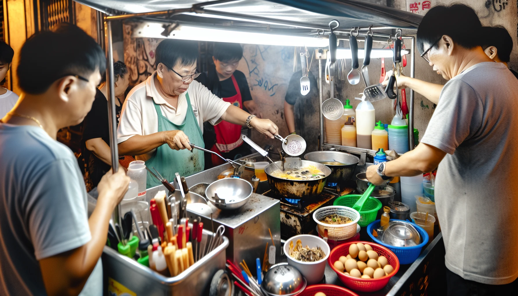 A street food vendor's cart with essential tools and equipment for food preparation