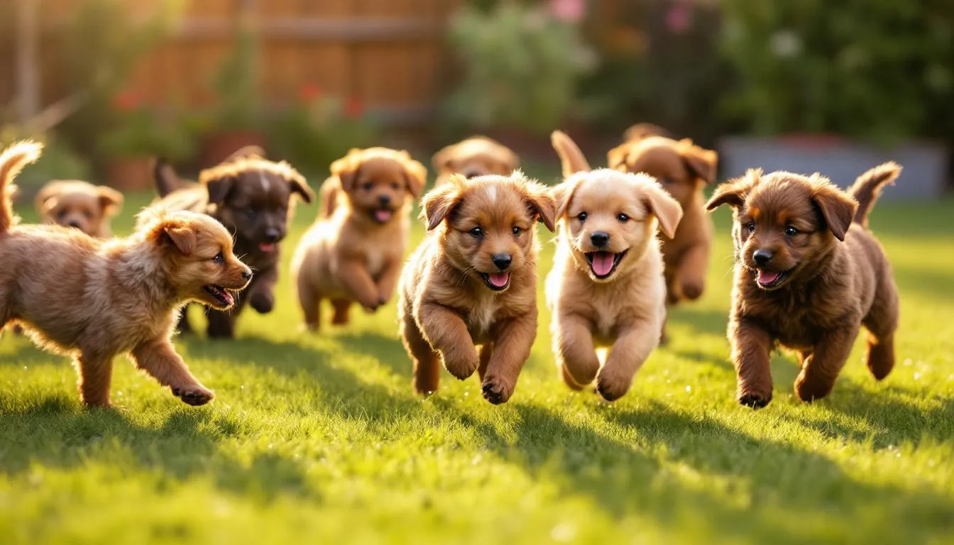 A group of playful brown puppies, showcasing various shades of brown fur, are joyfully interacting outdoors, embodying the spirit of fun and companionship. These adorable furry friends are a delightful sight for any pet lover, highlighting the charm of brown dogs in a natural setting.