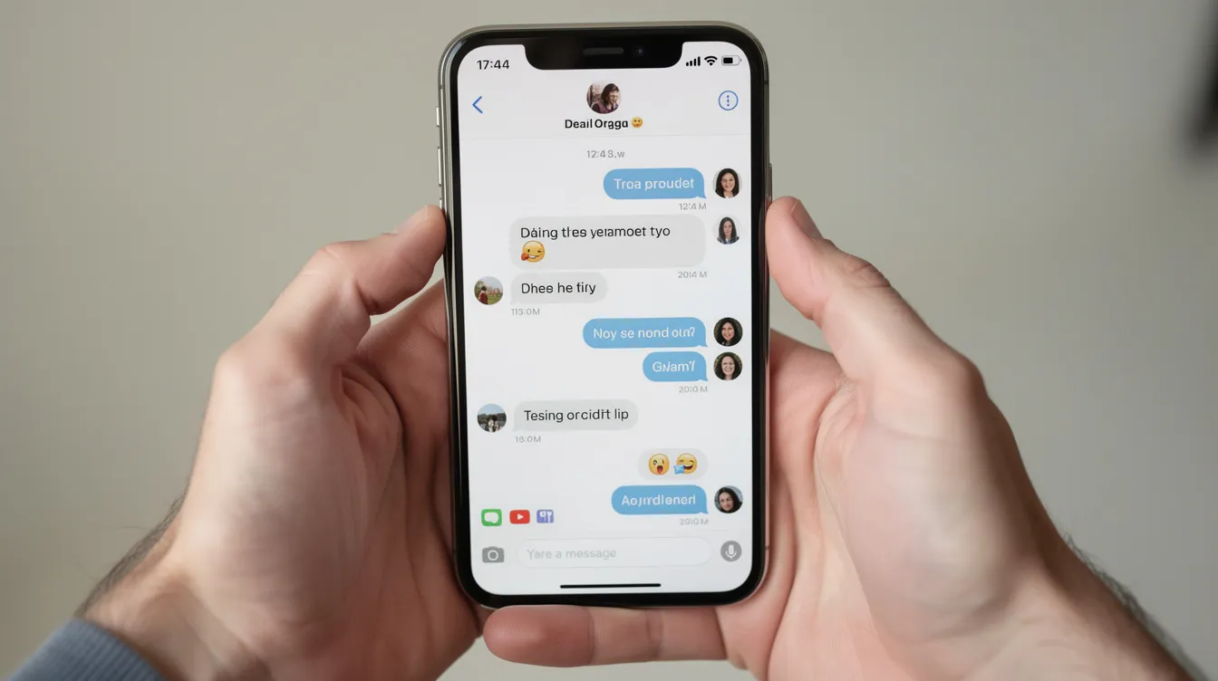 A pair of hands is holding a smartphone displaying a chat conversation on a dating app, showcasing messages between users as they explore potential matches and communicate their interests. The screen reflects the modern online dating experience, emphasizing the importance of genuine connections and user preferences.