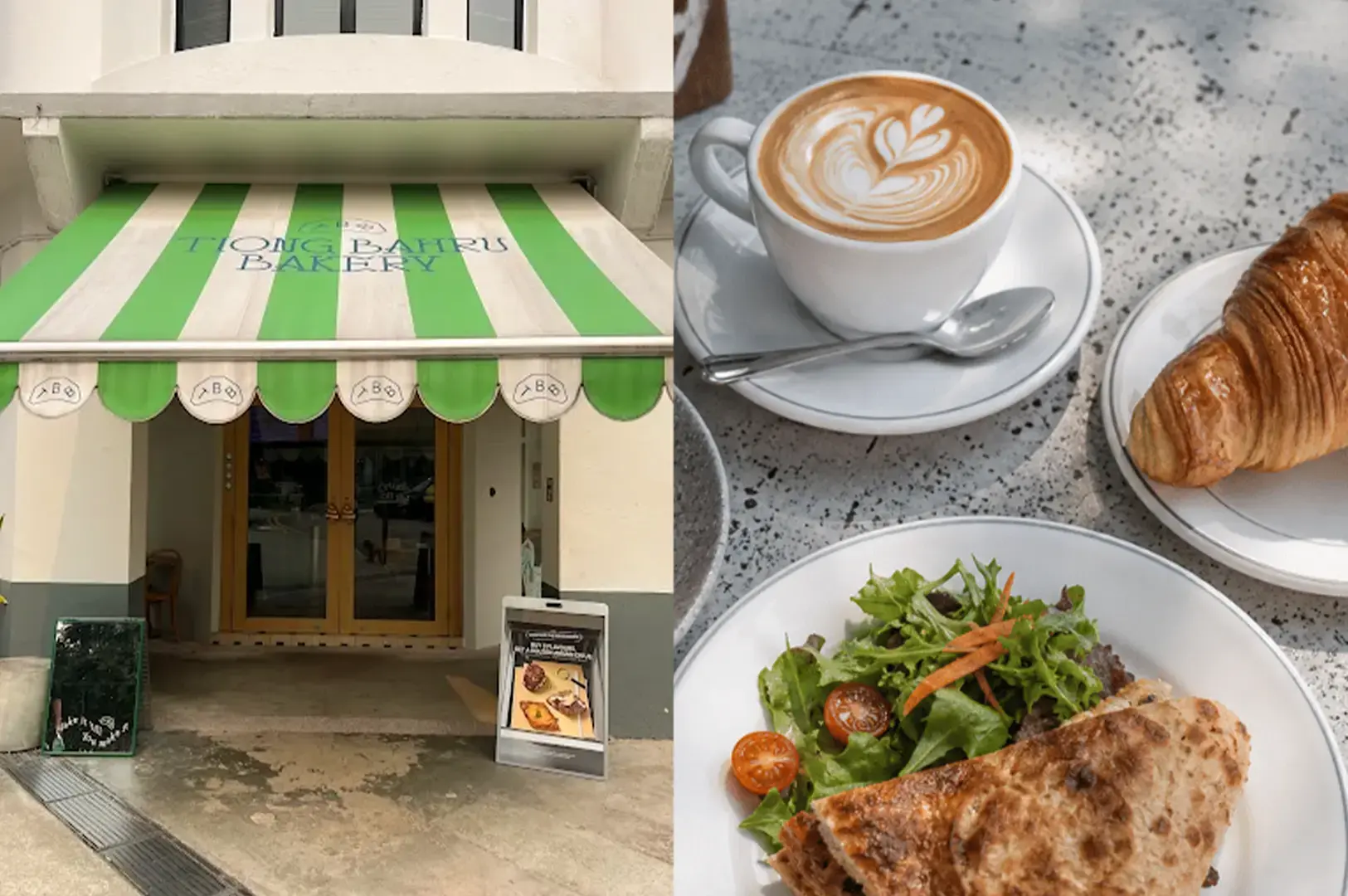 Tiong Bahru Bakery store exterior with their logo on white and green awnings by the entrance and their croissant and coffee on white plates.
