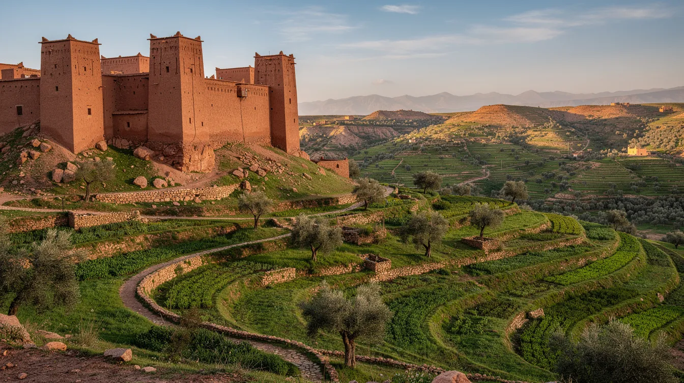 Una kasbah tradicional de tierra que domina un valle verde con campos en terrazas.