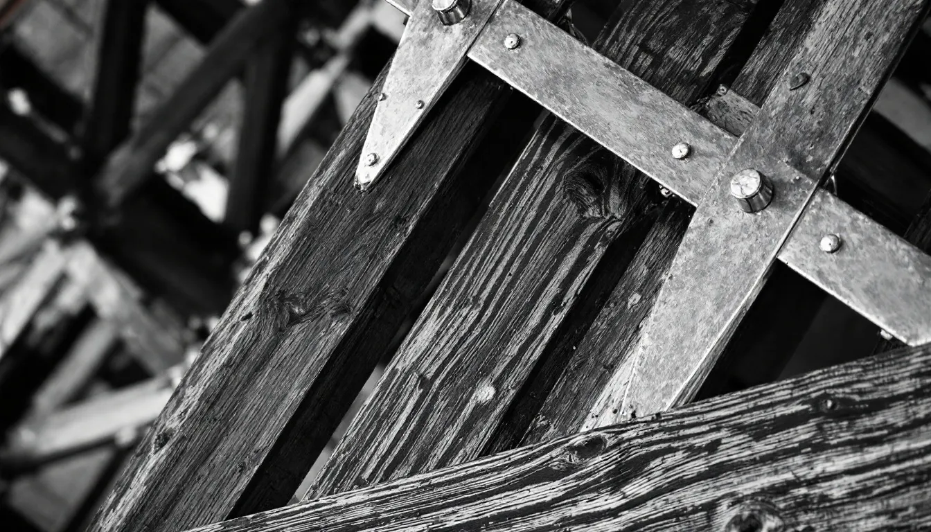 In this close-up architectural detail, diamond-shaped steel connectors are prominently featured, joining elegant wooden trusses that showcase the craftsmanship of the structure. This design element reflects the unique blend of materials often found in buildings located in northeast Arkansas, particularly in areas like Eureka Springs.