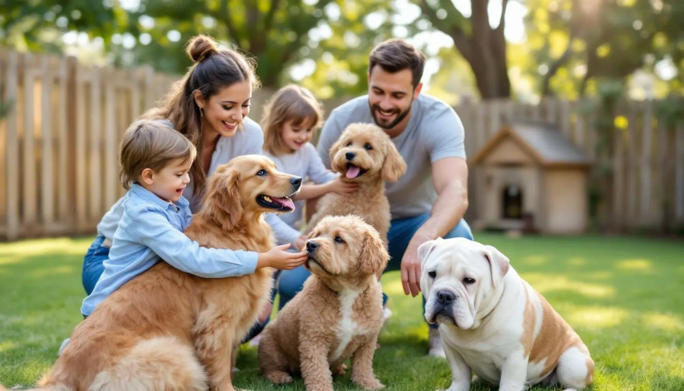 In the image, a family with small children is joyfully interacting with various calm dog breeds, including a golden retriever and a basset hound, at a responsible breeder