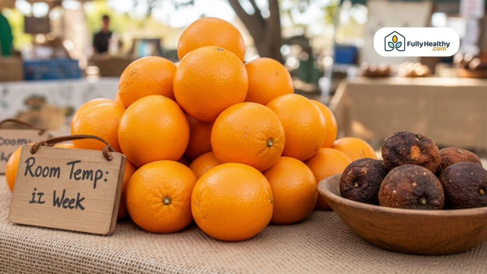Oranges displayed at market with moldy ones beside labeled sign