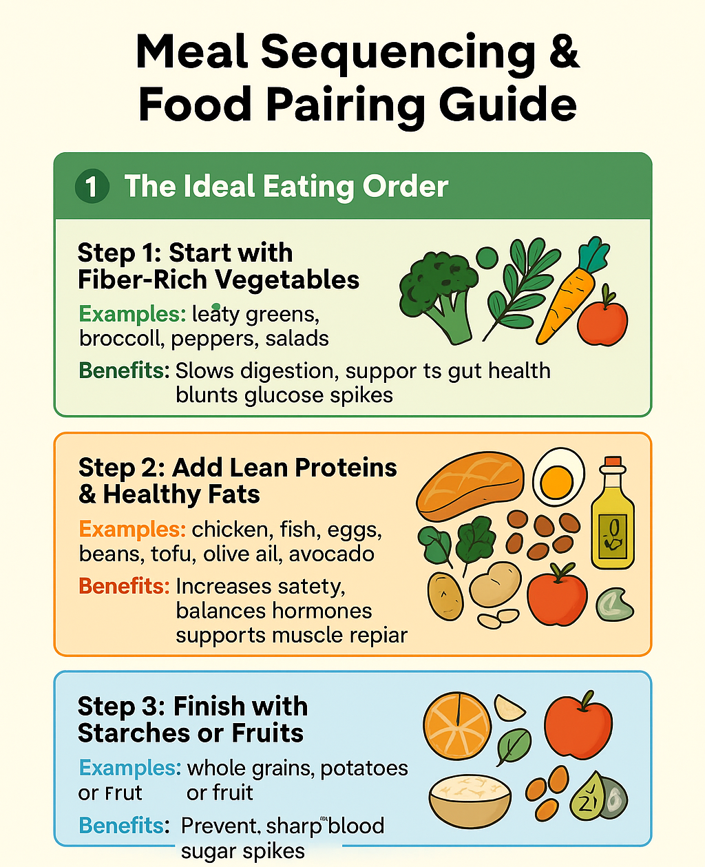 Infographic showing best food pairings as Step 1, Step 2, and Step 3 to increase satiety and reduce blood sugar spikes.