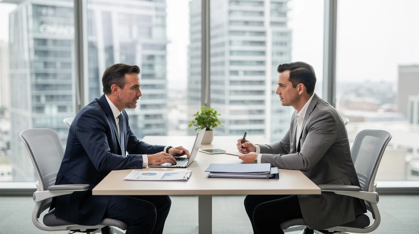 8a7c48ca 2d3f 4d01 8cf2 a49de856b128 Na zdjęciu w nowoczesnym biurze odbywa się profesjonalne spotkanie między doradcą finansowym a właścicielem firmy. Rozmowa dotyczy m.in. przepływów środków pieniężnych oraz strategii związanych z działalnością finansową i inwestycyjną.