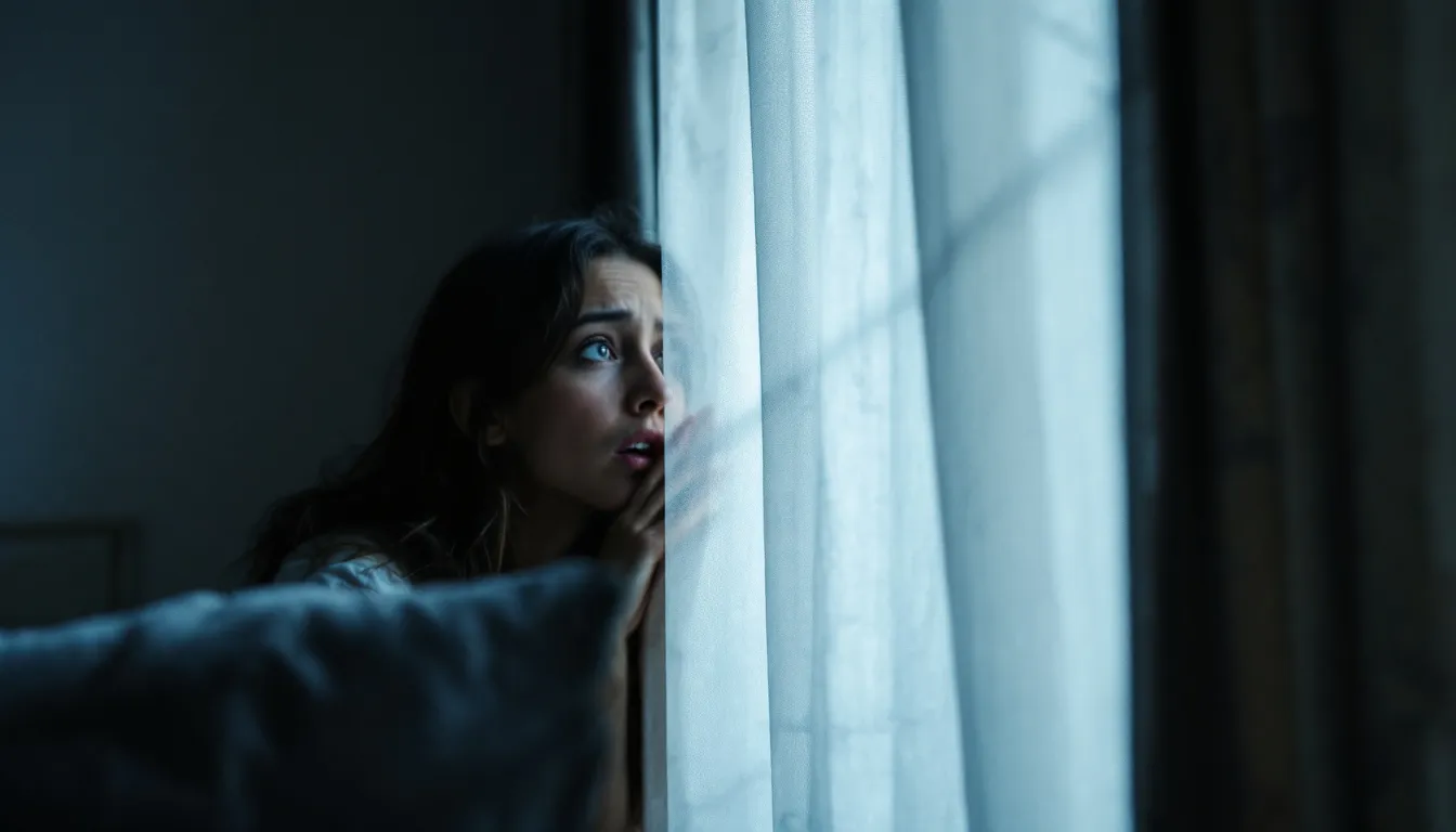 Een angstige persoon kijkt door een raam met gesloten gordijnen, duidelijk onveilig voelend door de mogelijkheid van een vermeende stalker. De situatie roept vragen op over huiselijk geweld en de noodzaak van professionele hulp en slachtofferhulp in Nederland.
