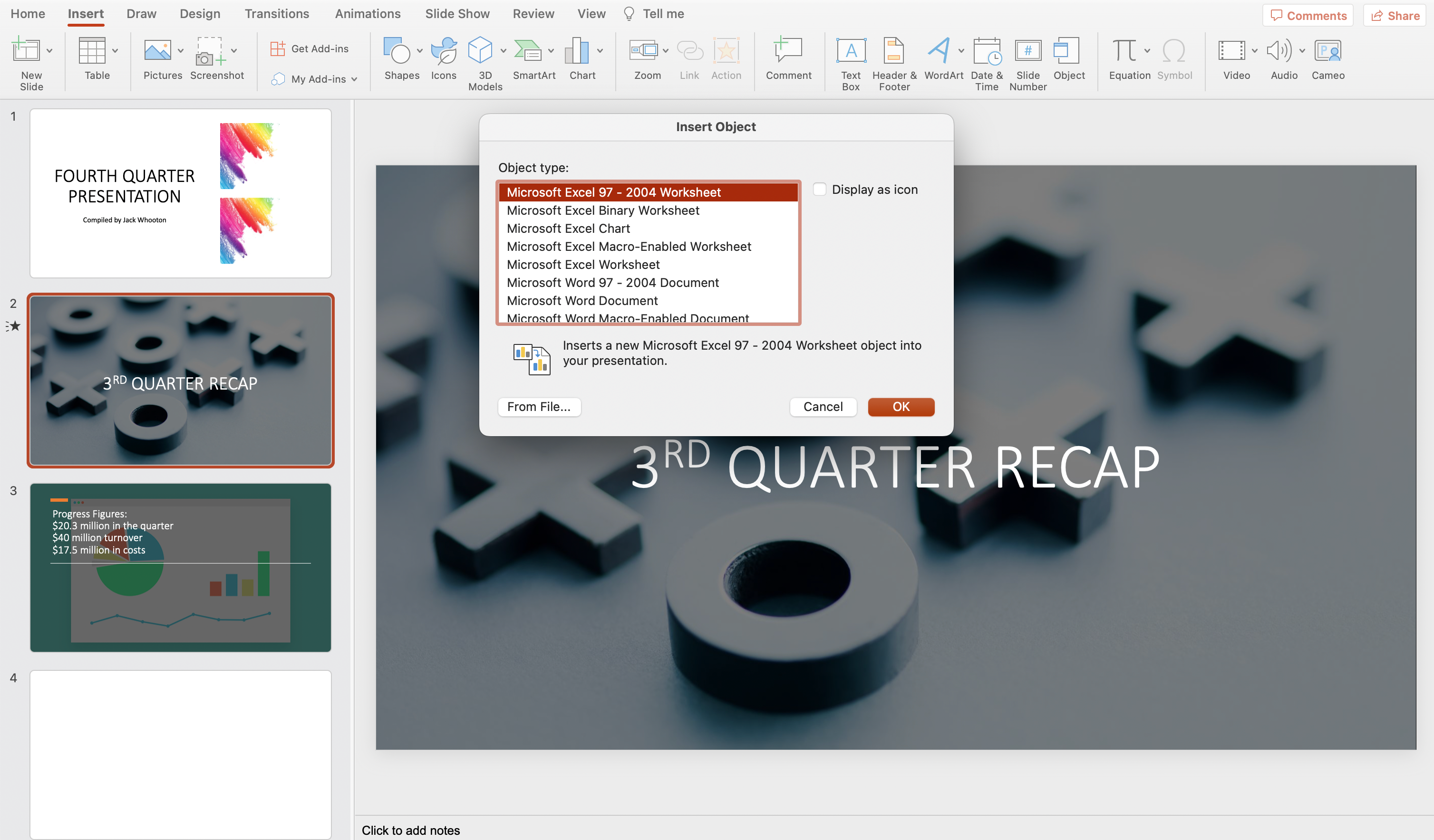 Inserting a portable document format document into PowerPoint as an object