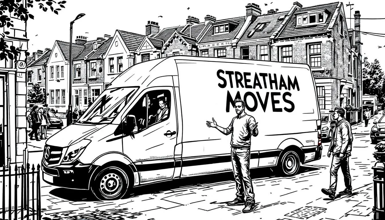 A visual representation of a man and van service in Streatham, showcasing a van parked in a residential area.