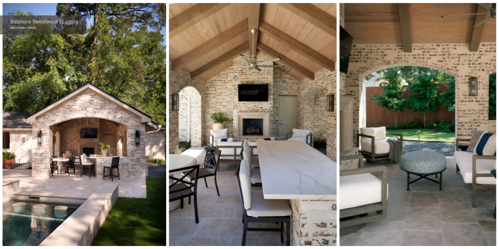 a large plaster-coated brick and wood loggia with kitchen, bar, seating, and fireplace