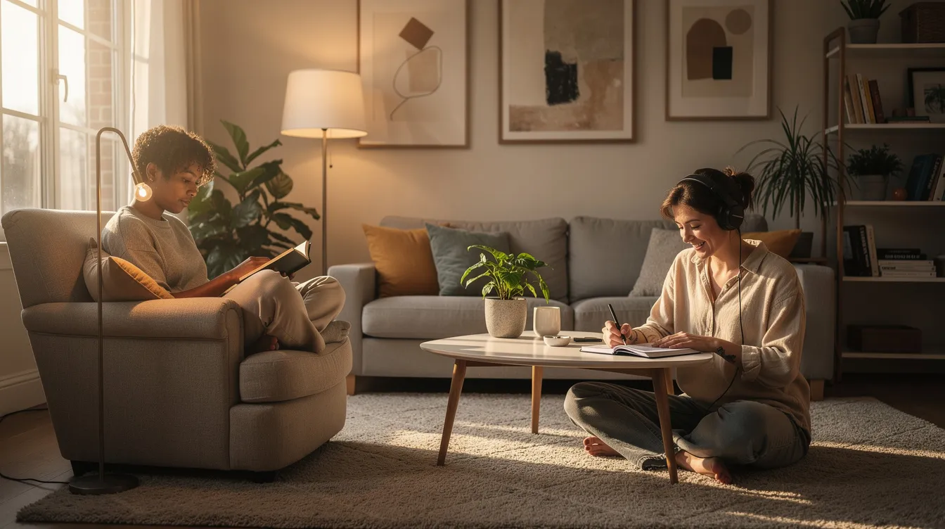 The image depicts two people in a cozy home environment, each engaged in their own activities, highlighting the importance of personal growth and maintaining one's own identity within a healthy relationship. This scene reflects a strong bond characterized by mutual respect, shared interests, and the ability to enjoy time together while respecting individual boundaries.