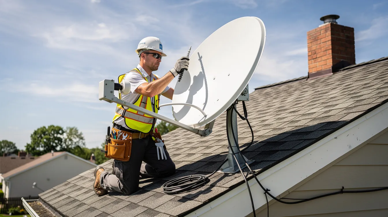 A technician is adjusting the alignment of a satellite dish on a residential rooftop, ensuring optimal signal reception for reliable DSTV installation services. This professional DSTV installer is focused on providing uninterrupted entertainment by correcting any potential dish misalignment.