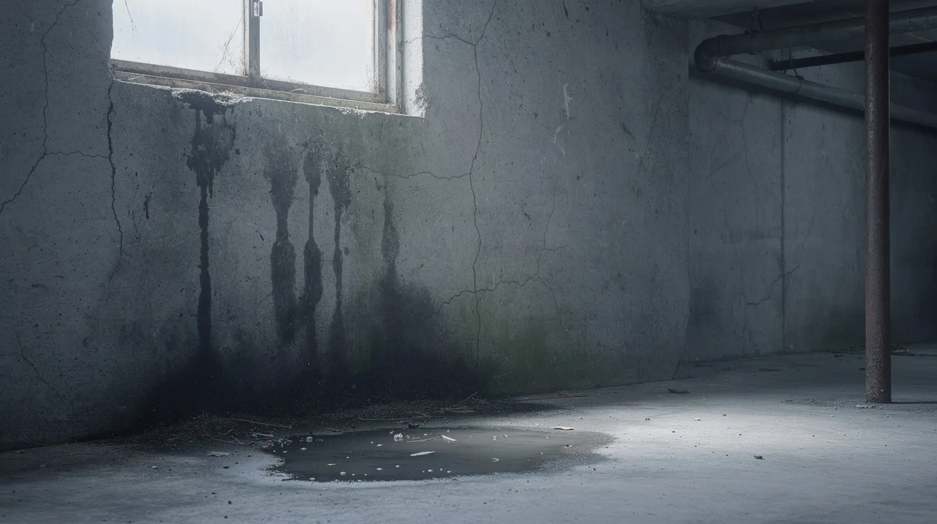 The image shows a damp corner of a basement with noticeable water staining on the concrete walls, indicating potential mold growth. This environment, characterized by excessive moisture, poses health risks such as mold exposure and allergic reactions if not addressed properly.