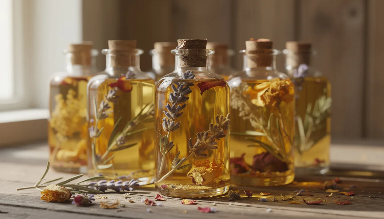 The image features elegant glass bottles filled with botanical oils, surrounded by dried herbs, all arranged on a rustic wooden surface, embodying the essence of natural and organic skincare. This composition highlights the beauty of organic ingredients, perfect for those seeking clean beauty options free from harmful chemicals.