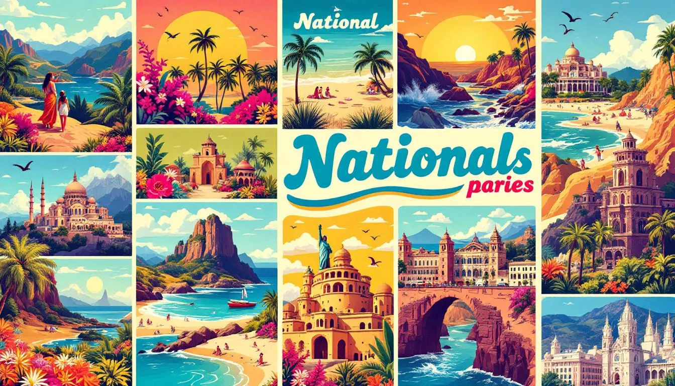 Destinos nacionais em promoção com imagens de praias e cidades famosas.