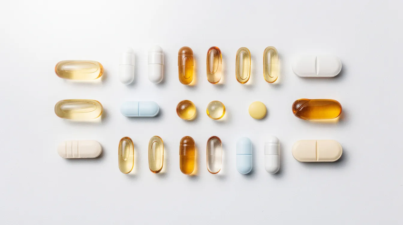 The image features an assortment of colorful supplement capsules and pills neatly arranged on a clean surface, highlighting various oral supplements that may support mitochondrial health, cellular energy, and female fertility during the fertility journey. These supplements, which could potentially improve egg quality and support reproductive health, are essential for those exploring options related to pregnancy and healthy aging.