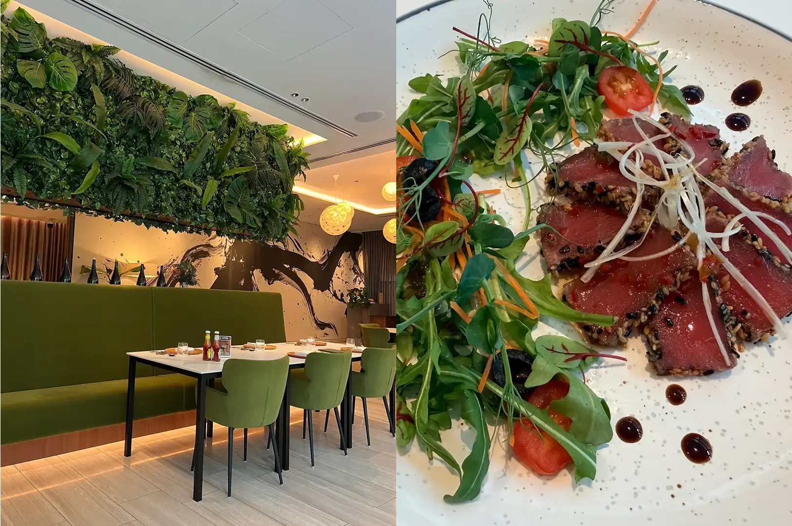 Split image showing a modern Japanese restaurant dining area with a lush vertical greenery wall, green upholstered chairs, wooden tables, warm lighting, and a close-up plate of sliced seared beef surrounded by leafy greens, shredded vegetables, tomato, and dark sauce.