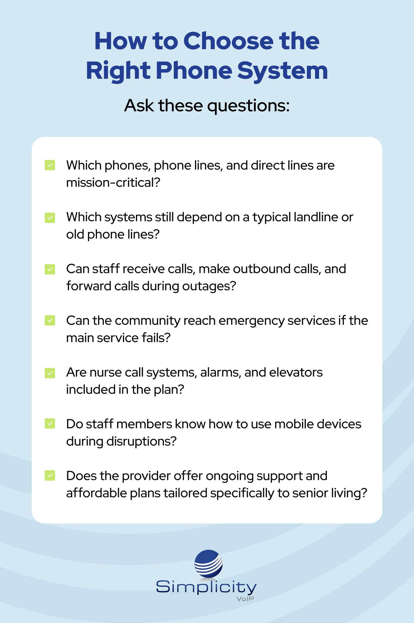 Checklist infographic titled How to Choose the Right Phone System, listing seven key questions for senior living communities about mission-critical lines and emergency services.